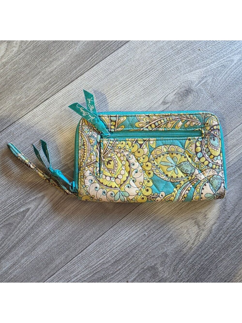 Vera Bradley Wristlet Wallet In Turquoise & Yellow Paisley Pattern